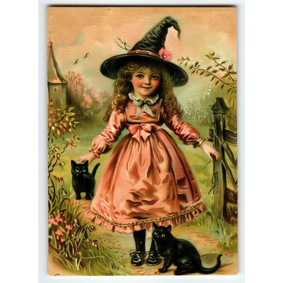 Vintage Halloween Postcard Girl with Witch Hat & Black Cats 5.5x4 Chrome - Picture 1 of 2